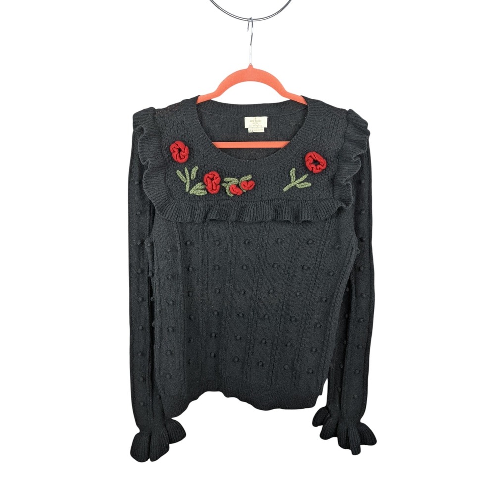 Kate Spade New York Black Ruffle Embroidered Poppy Wool Sweater Large